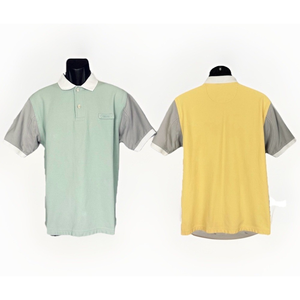 Orvis Color Block Men Medium Classic Polo Shirt Short Sleeve Logo Green Yellow